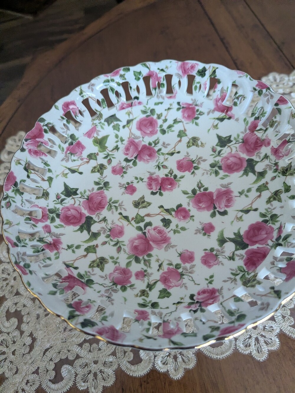 Porcelain Pedestal Compote with Pink Rose Pattern - Picture 3 of 4